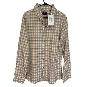 NEW Vustra Mens XL Brown Check Shirt Long Sleeve 100% Organic Cotton Business